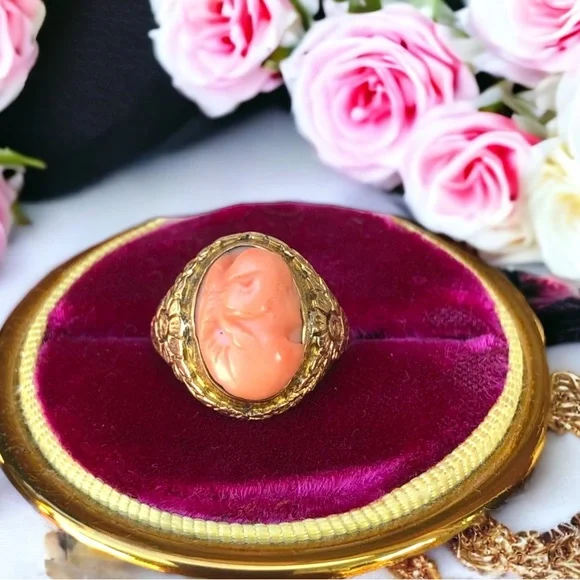 Antique Victorian 1800s 14k solid gold Coral cameo ring carved flowers etched - Picture 2 of 10